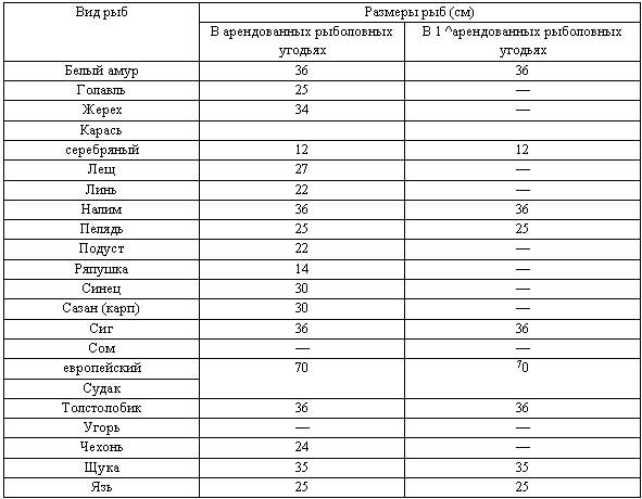Размер рыбы. Минимальный размер рыбы. Таблица допустимых размеров рыбы. Минимальный допустимый размер.